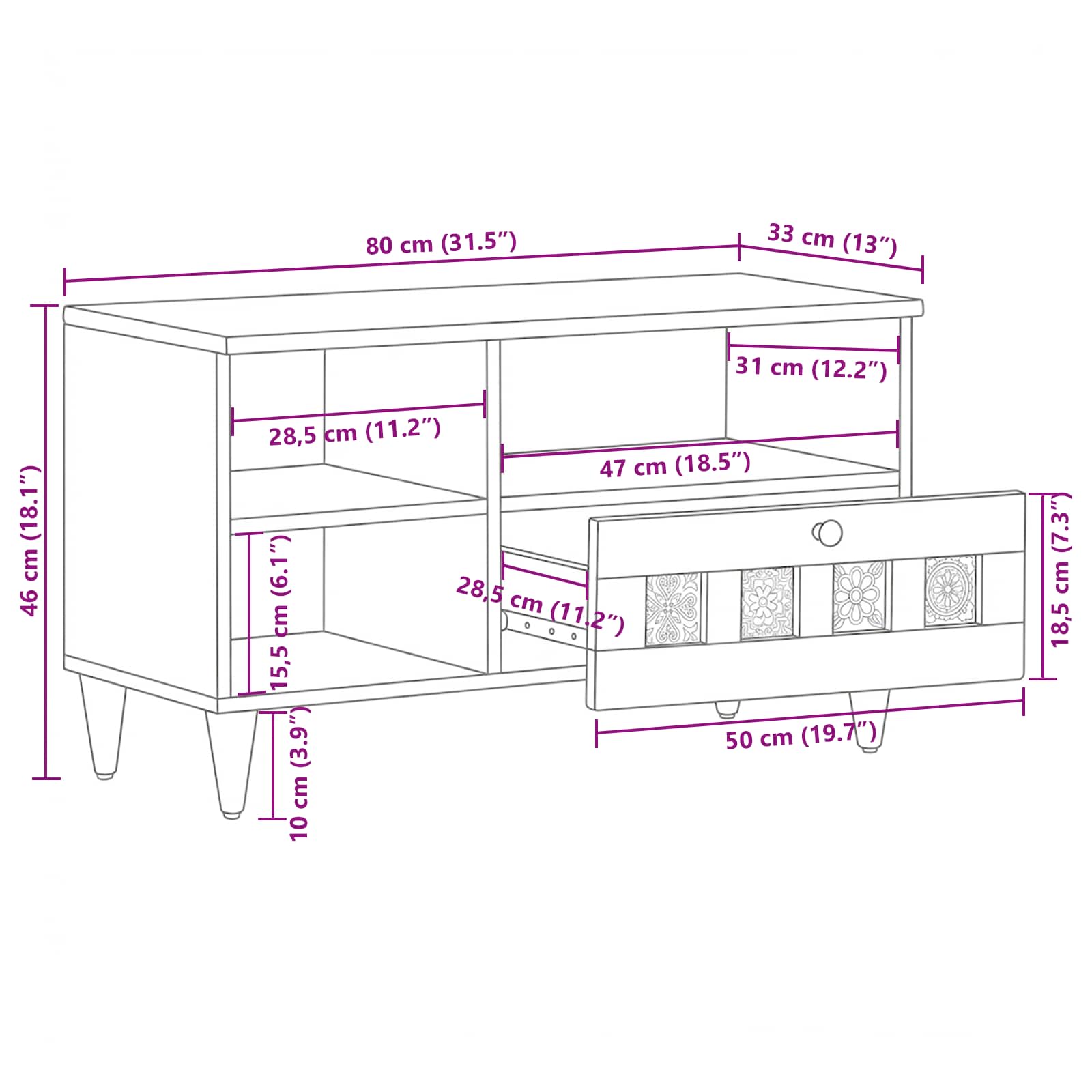 TV-Schränk mit Regal Natur 80 x 33 x 46 cm Massivholz Mango