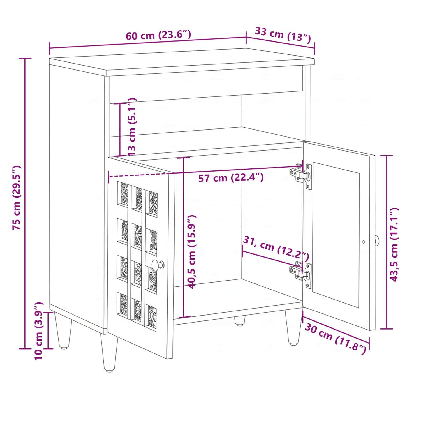 Sideboard mit Speicher Natur 60 x 33,5 x 75 cm Massivholz Mango