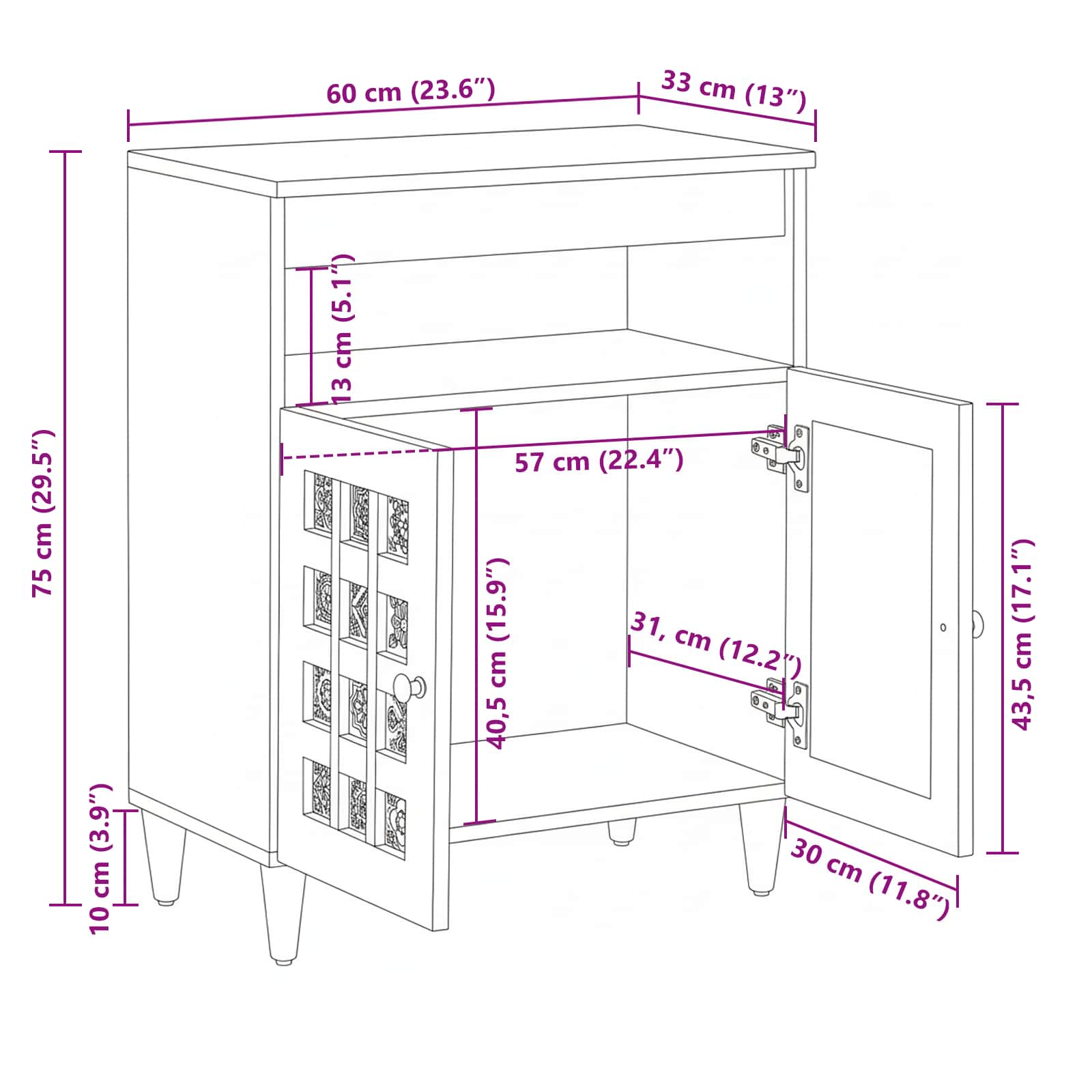 Sideboard mit Speicher Natur 60 x 33,5 x 75 cm Massivholz Mango