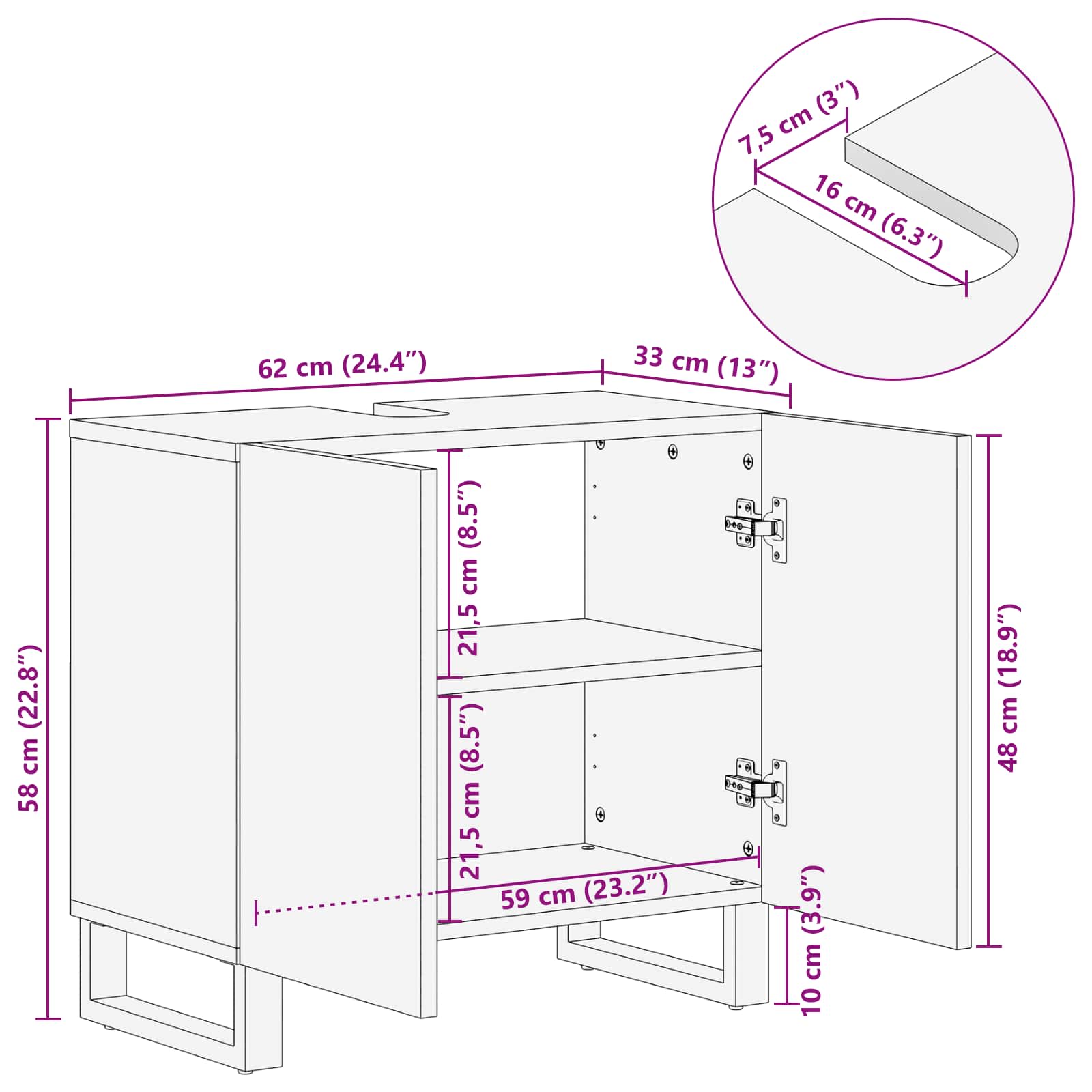 Waschbeckenschrank Natur 62 x 33 x 58 cm Massivholz Mango