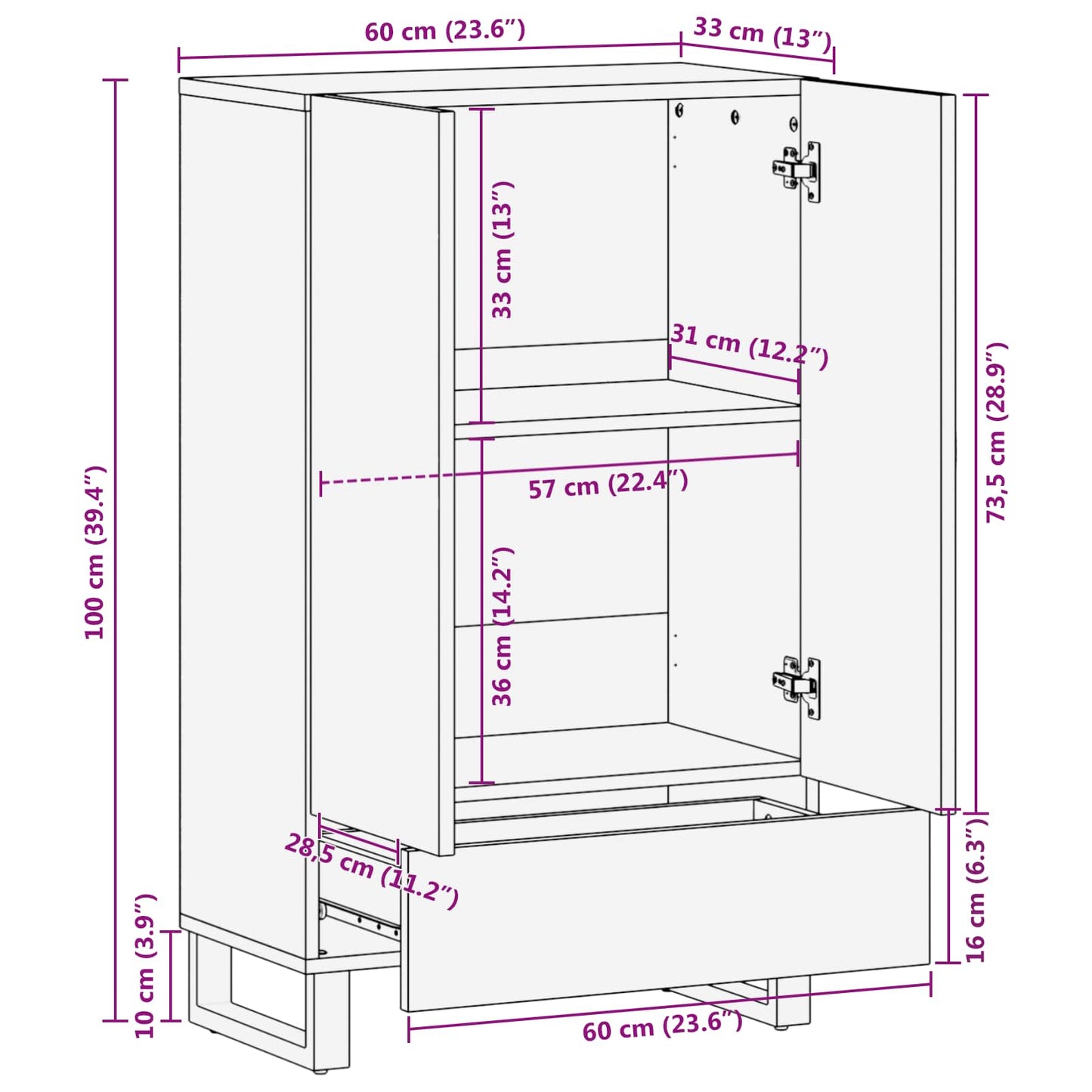Aufbewahrung Highboard Braun 60 x 33 x 100 cm Massivholz Mango