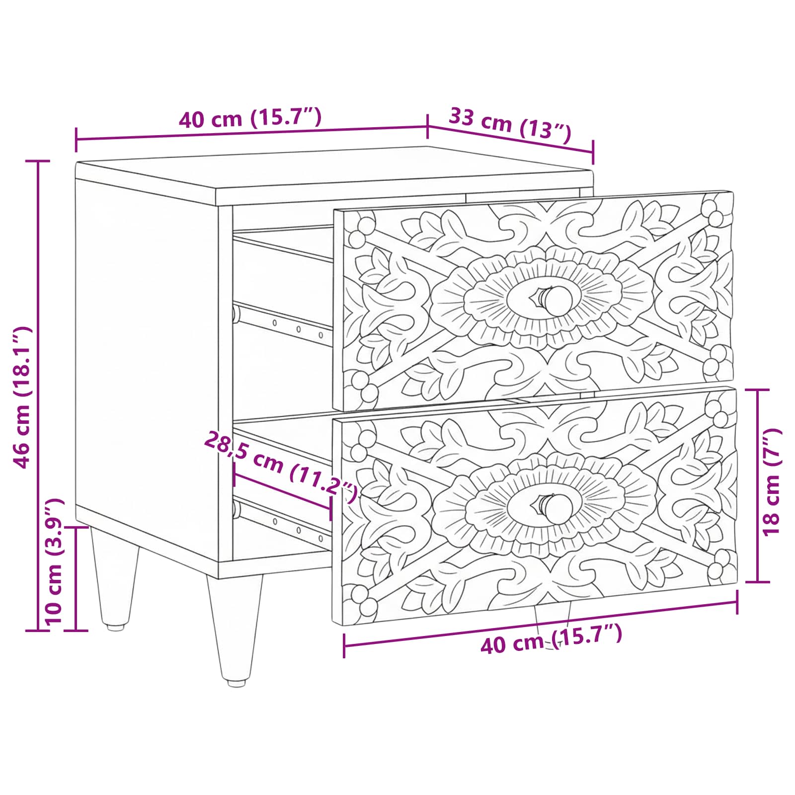Nachttisch 2 stk. Braun 40 x 33,5 x 46 cm Massivholz Mango