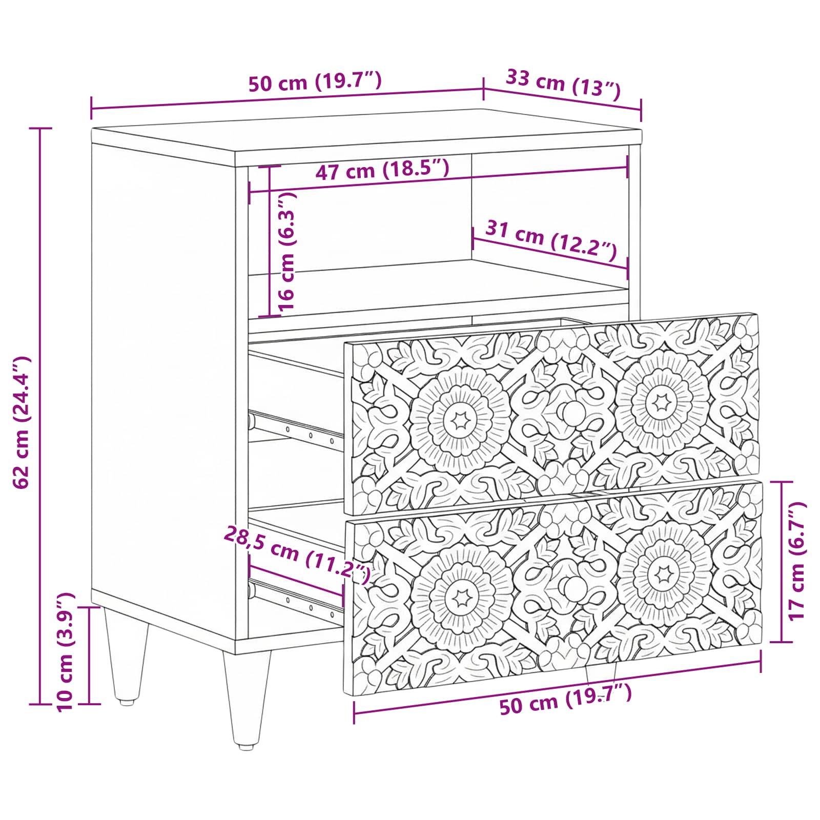 Bettkasten Braun 50 x 33 x 60 cm Massivholz Mango