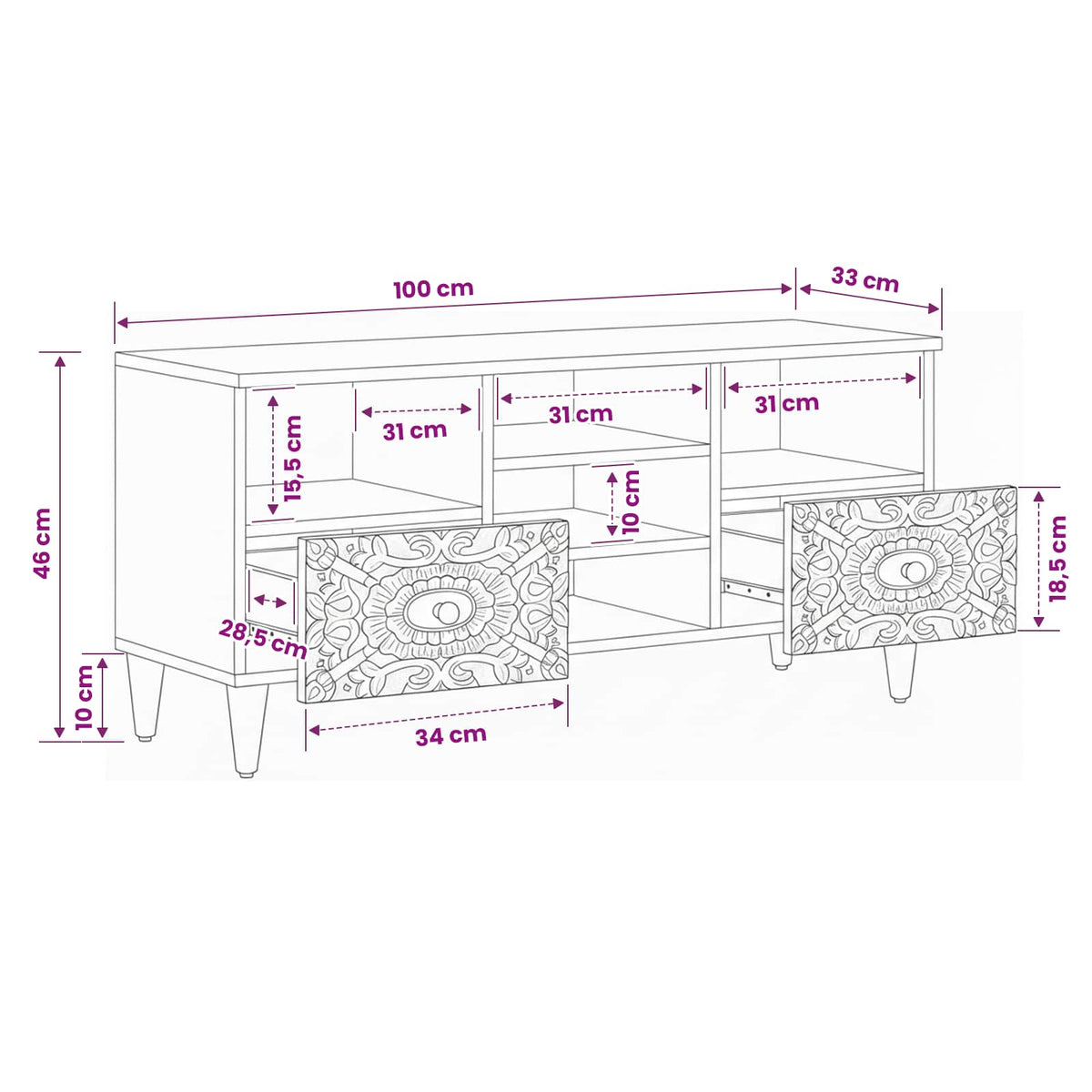 TV-Schränk Braun 100 x 33 x 46 cm Massivholz Mango