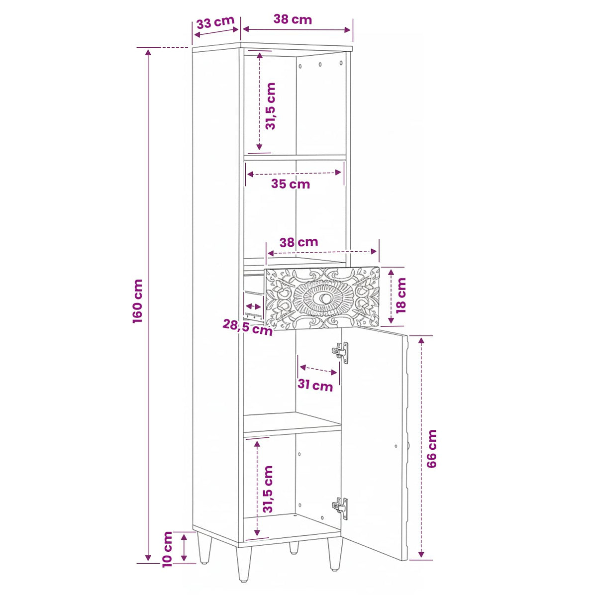 Badezimmerschrank Braun 38 x 33 x 160 cm Massivholz Mango
