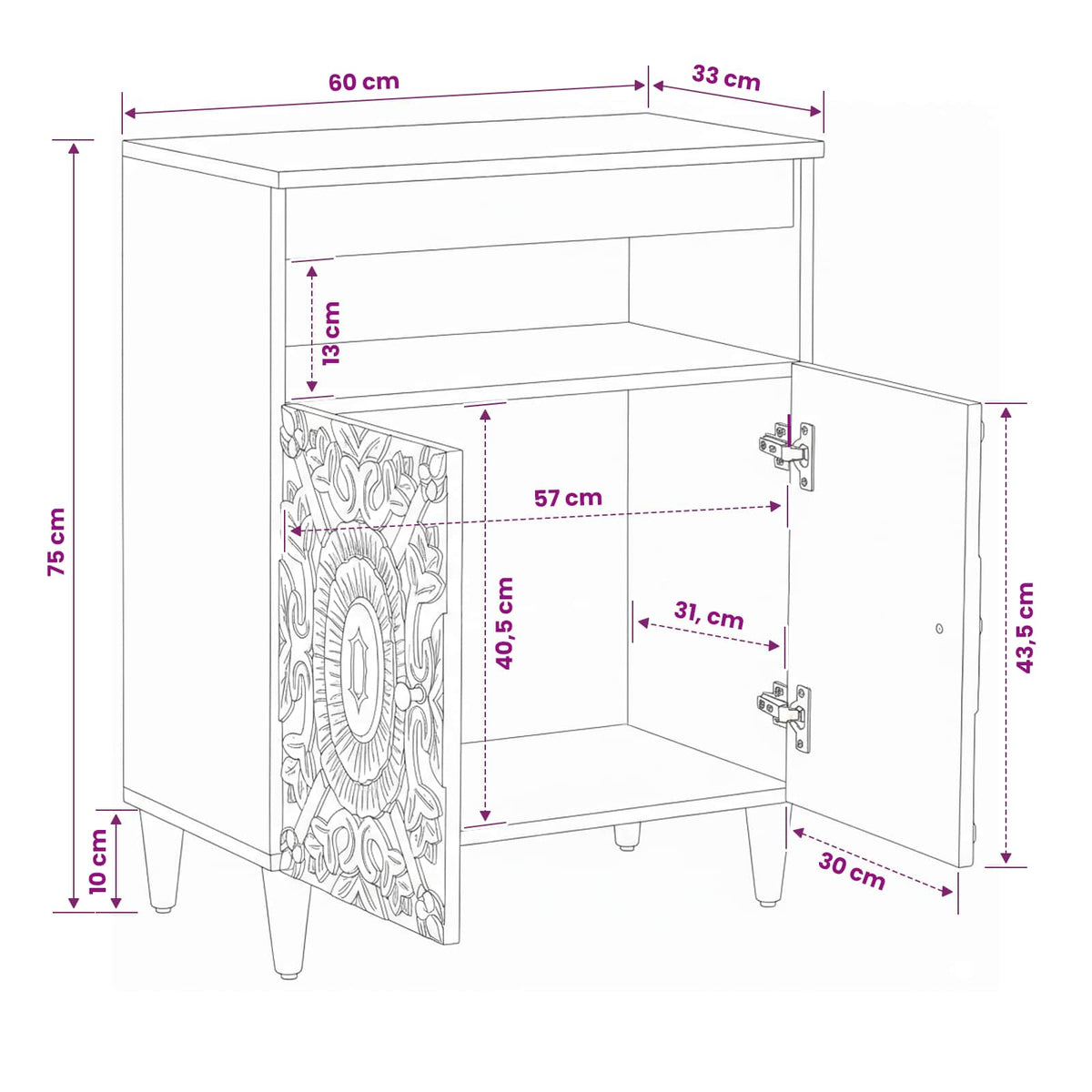 Sideboard Braun 60 x 33 x 75 cm Massivholz Mango