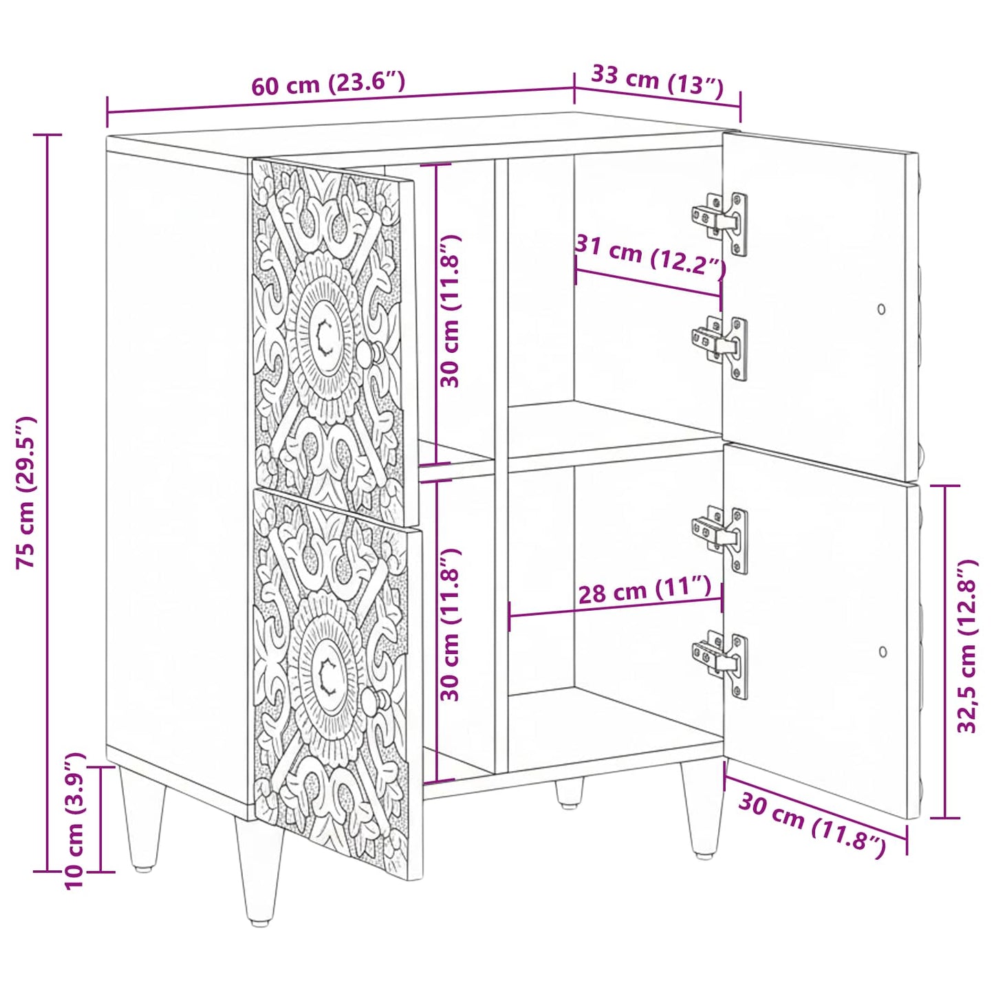 Sideboard mit Speicher Braun 60 x 33,5 x 75 cm Massivholz Mango