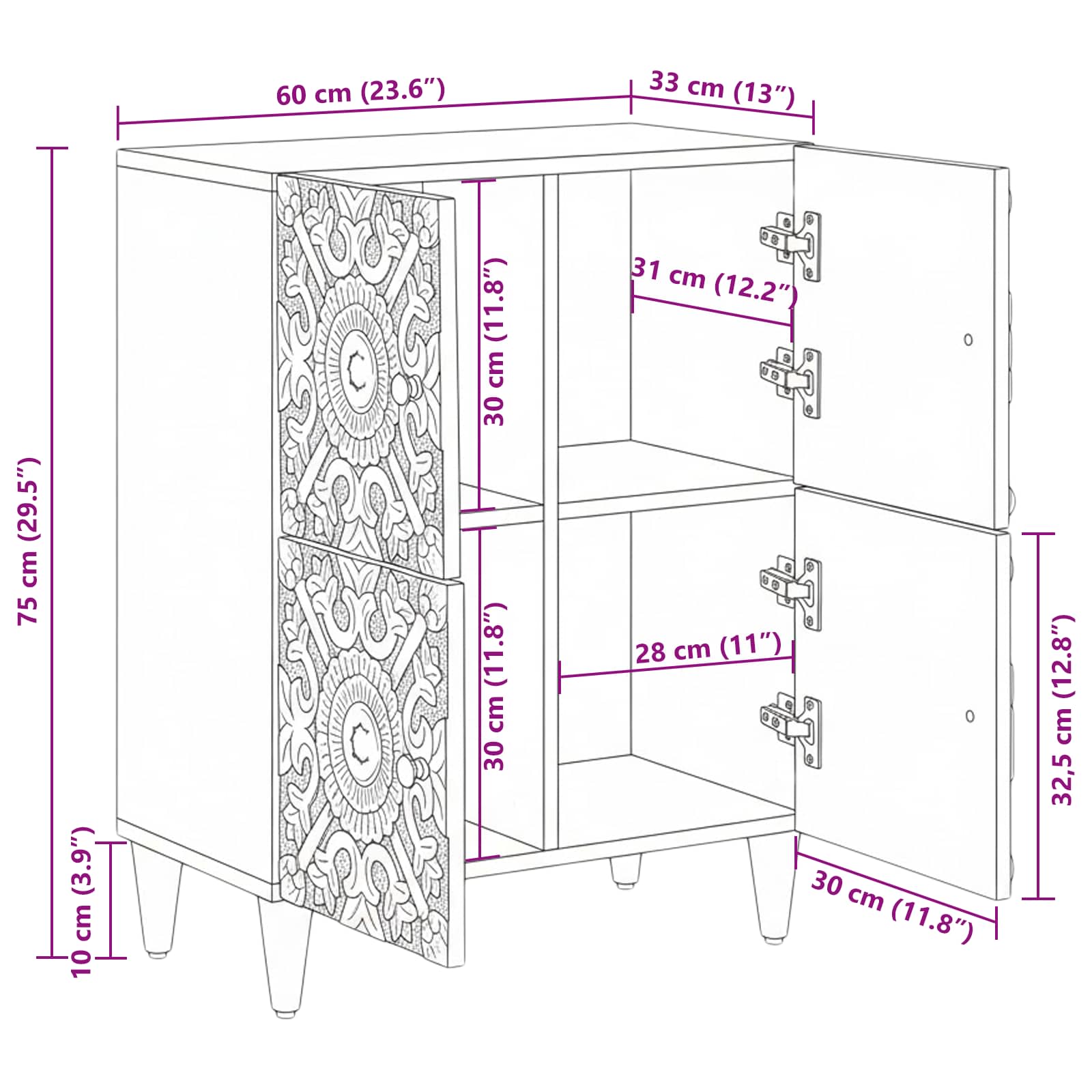 Sideboard mit Speicher Braun 60 x 33,5 x 75 cm Massivholz Mango