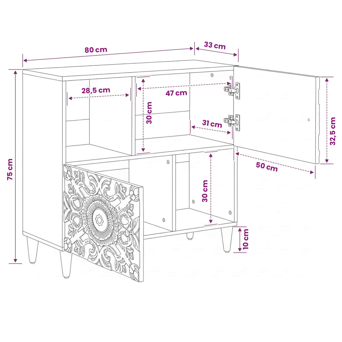 Sideboard Braun 80 x 33 x 75 cm Massivholz Mango