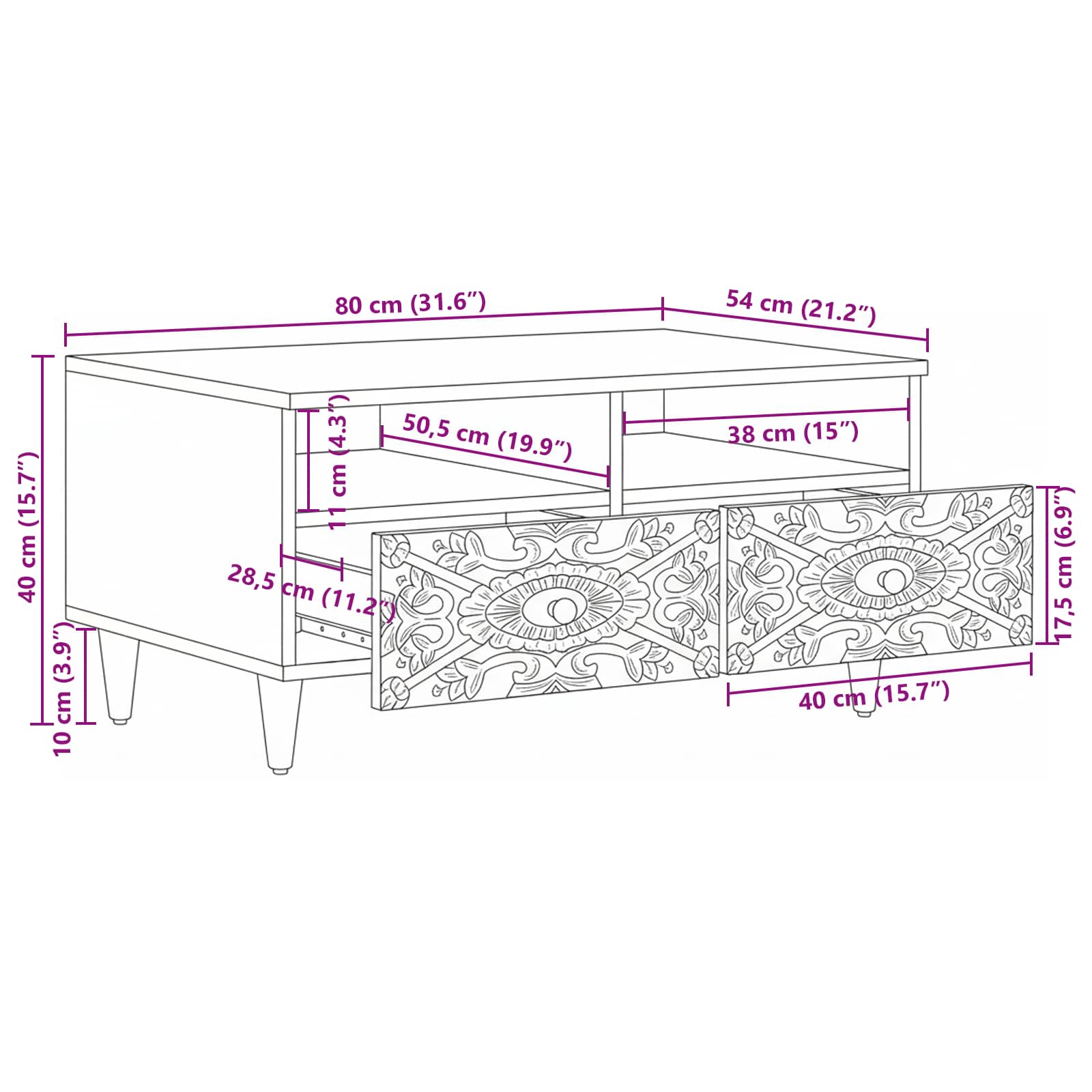 Couchtisch mit Schubladen Weiß 80 x 54 x 40 cm Massivholz Mango
