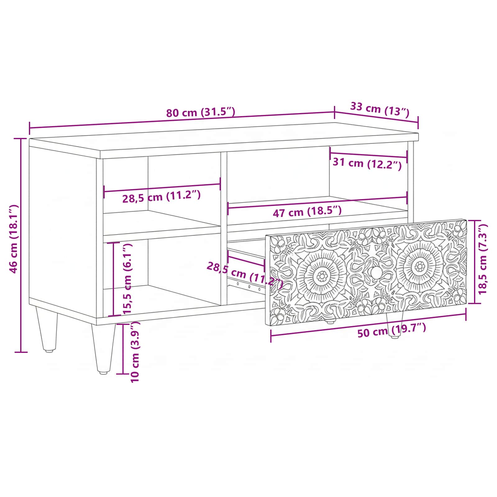 TV-Schränk mit Regal Weiß 80 x 33,5 x 46 cm Massivholz Mango