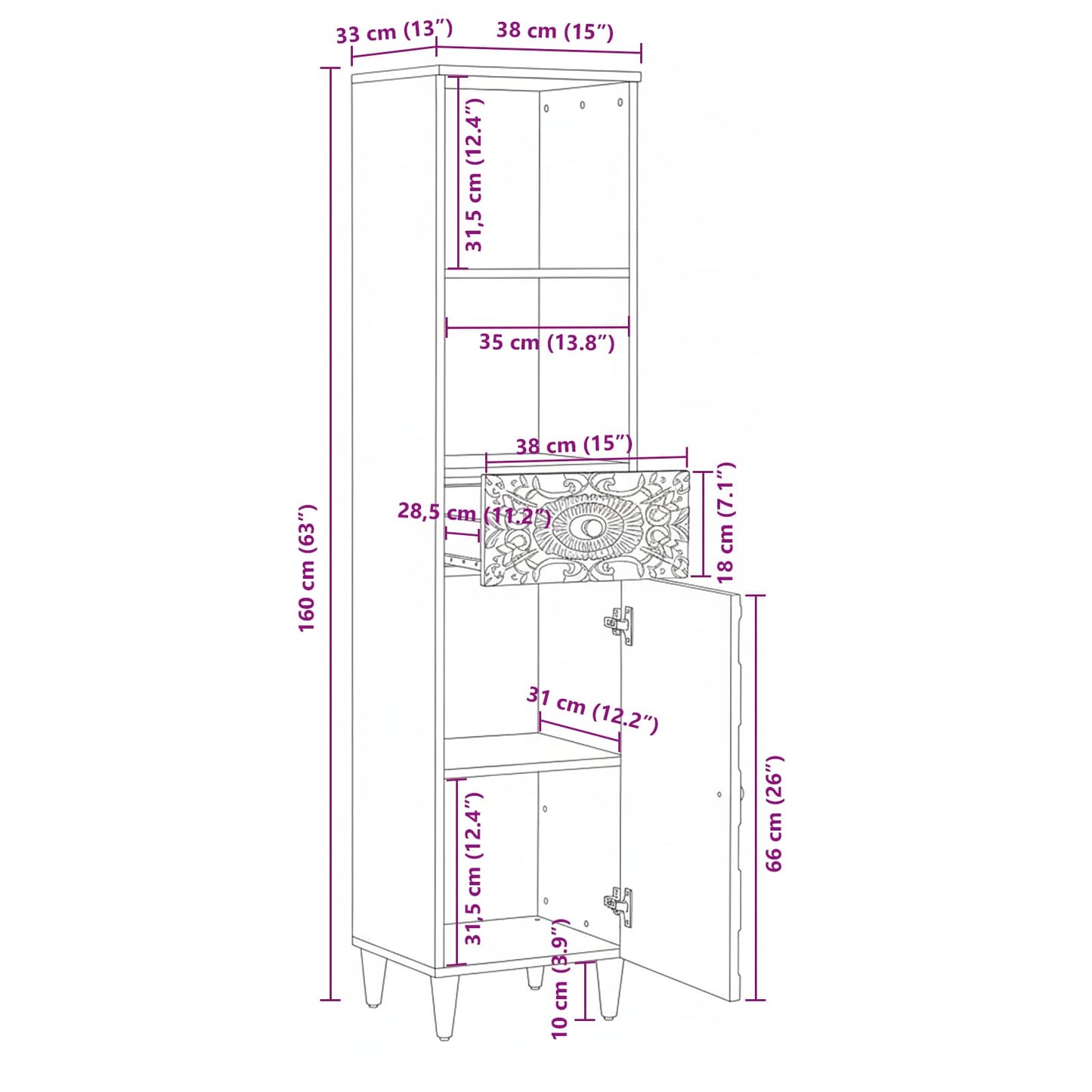 Badezimmerschrank Weiß 38 x 33,5 x 160 cm Massivholz Mango