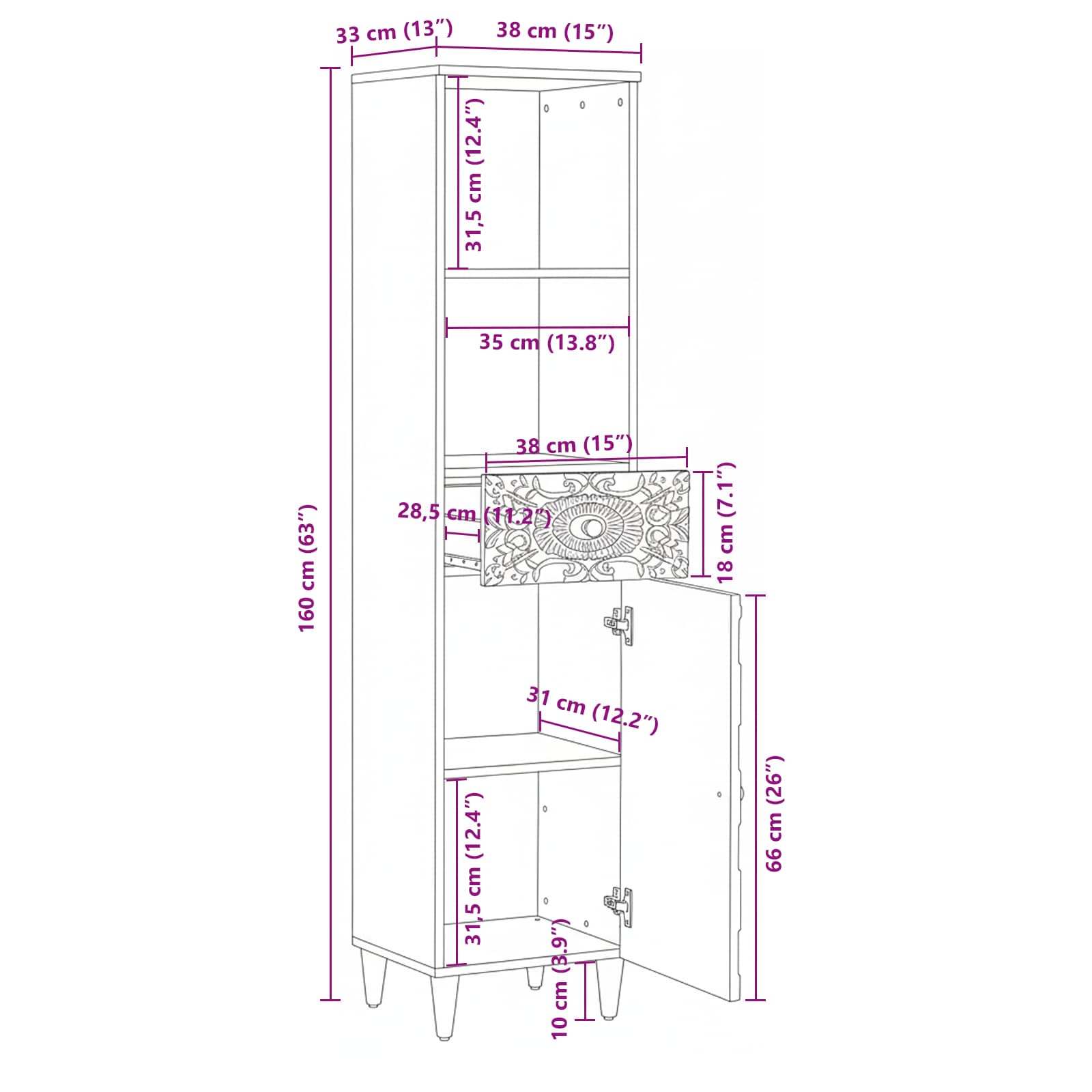 Badezimmerschrank Weiß 38 x 33,5 x 160 cm Massivholz Mango