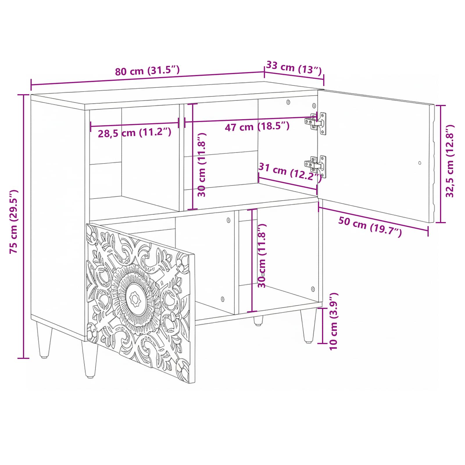 Sideboard mit Speicher Weiß 80 x 33,5 x 75 cm Massivholz Mango