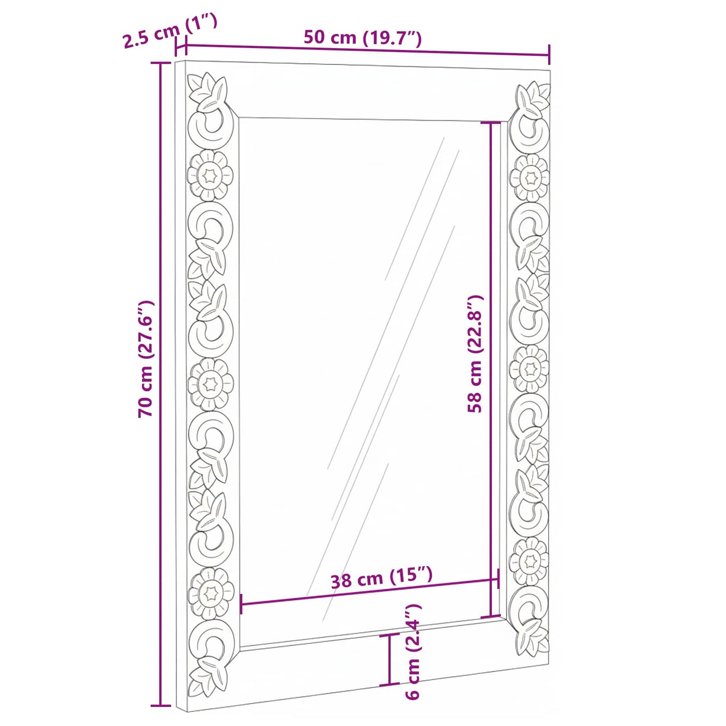 Wandspiegel Rechtwinklig Weiß 70 x 50 cm Massivholz Mango