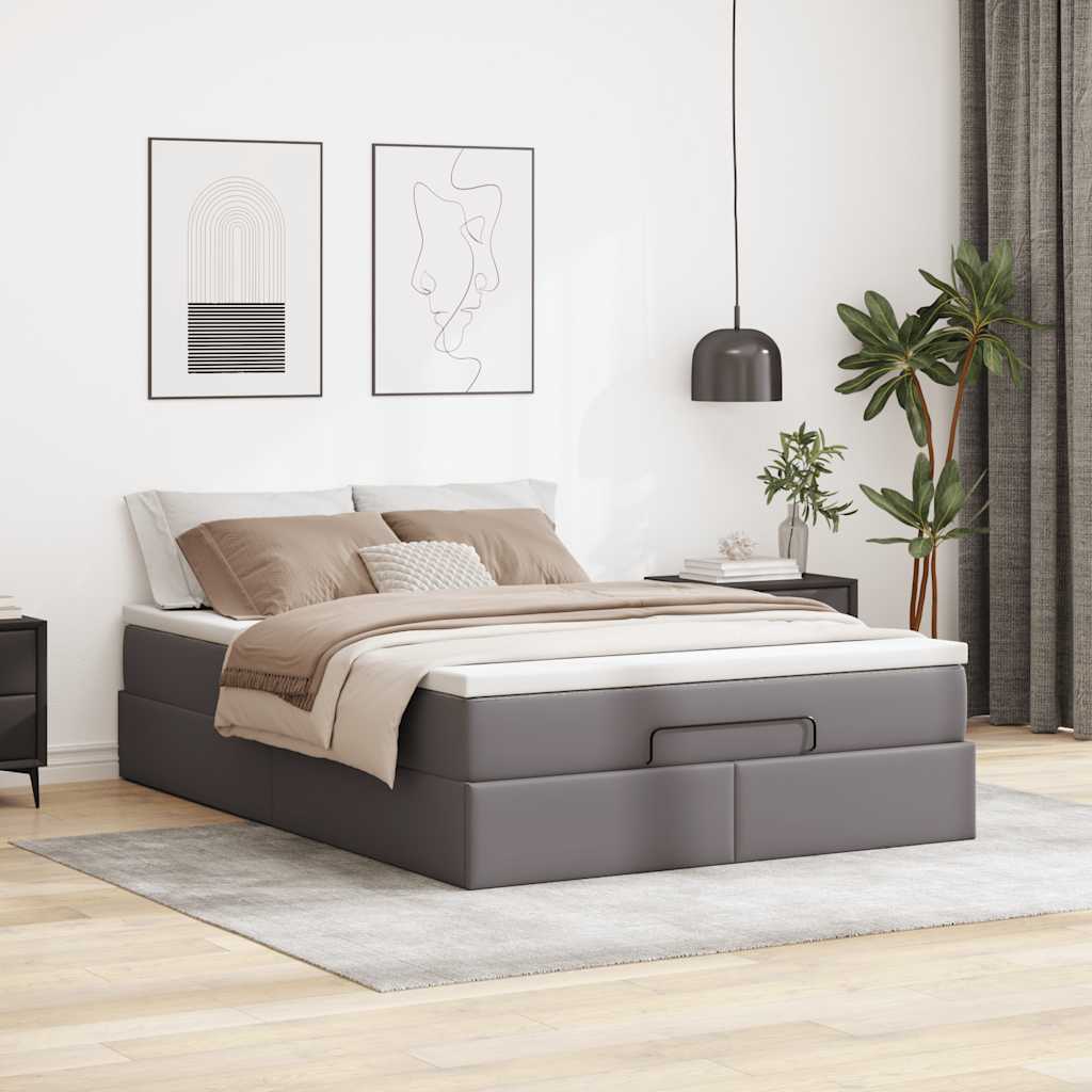 Lit ottoman avec matelas gris 140x200 cm en similicuir