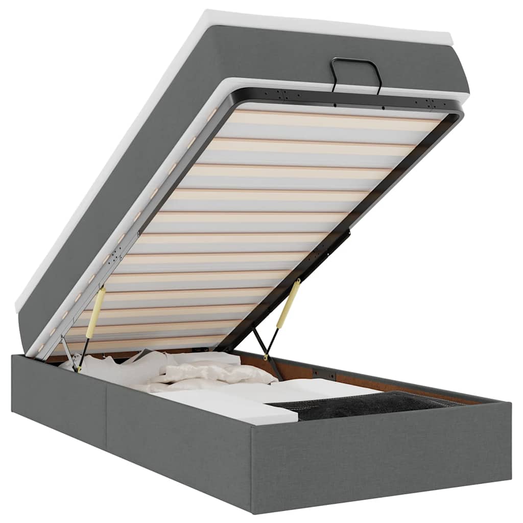 Lit ottoman avec matelas en tissu gris foncé 90x200 cm