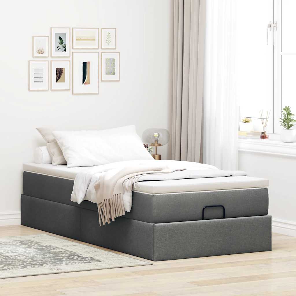 Lit ottoman avec matelas en tissu gris foncé 90x200 cm