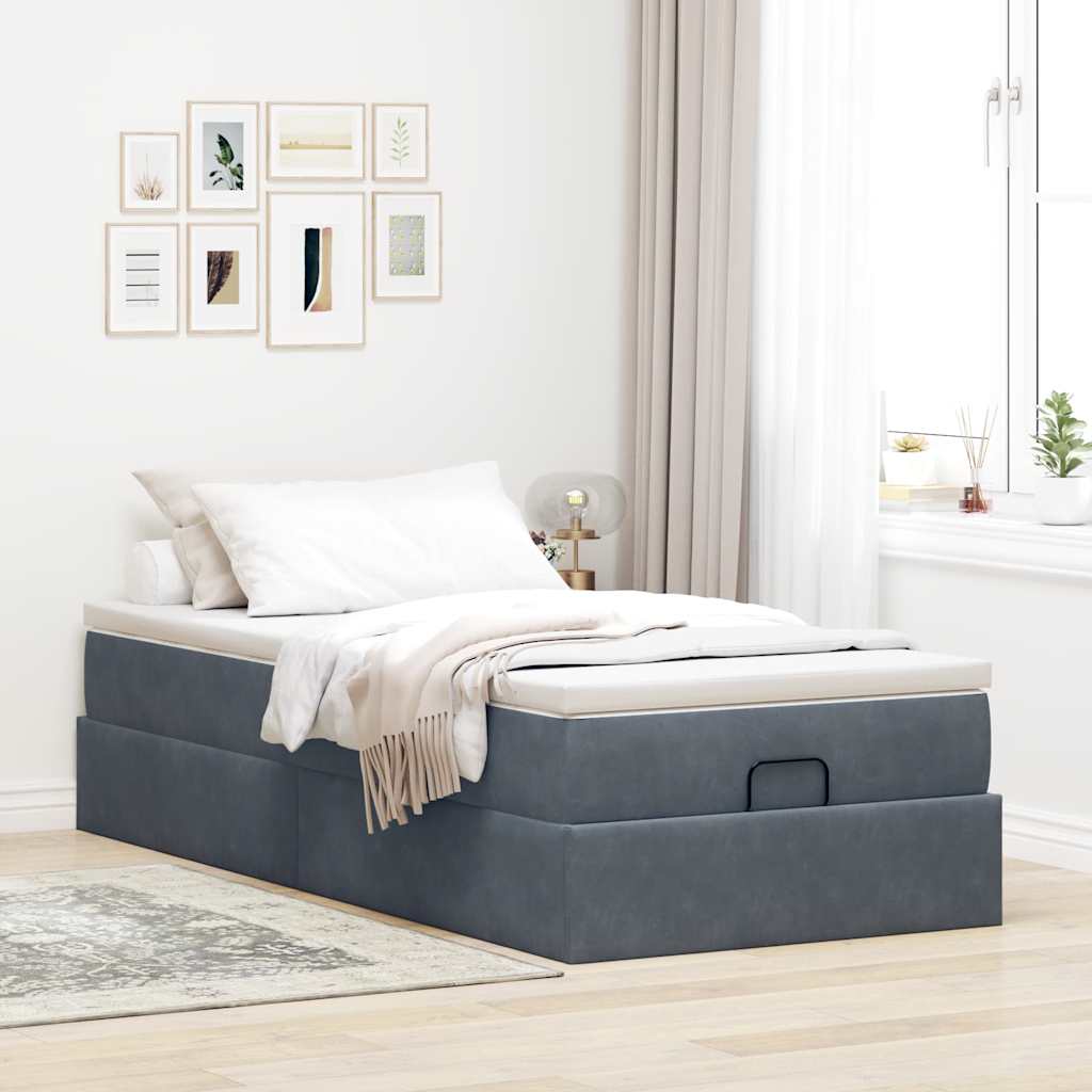 Lit ottoman avec matelas en velours gris foncé 90x200 cm