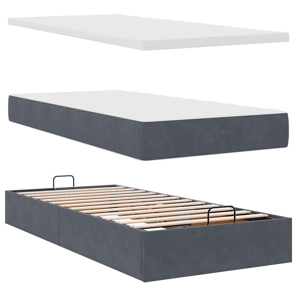 Lit ottoman avec matelas en velours gris foncé 90x200 cm