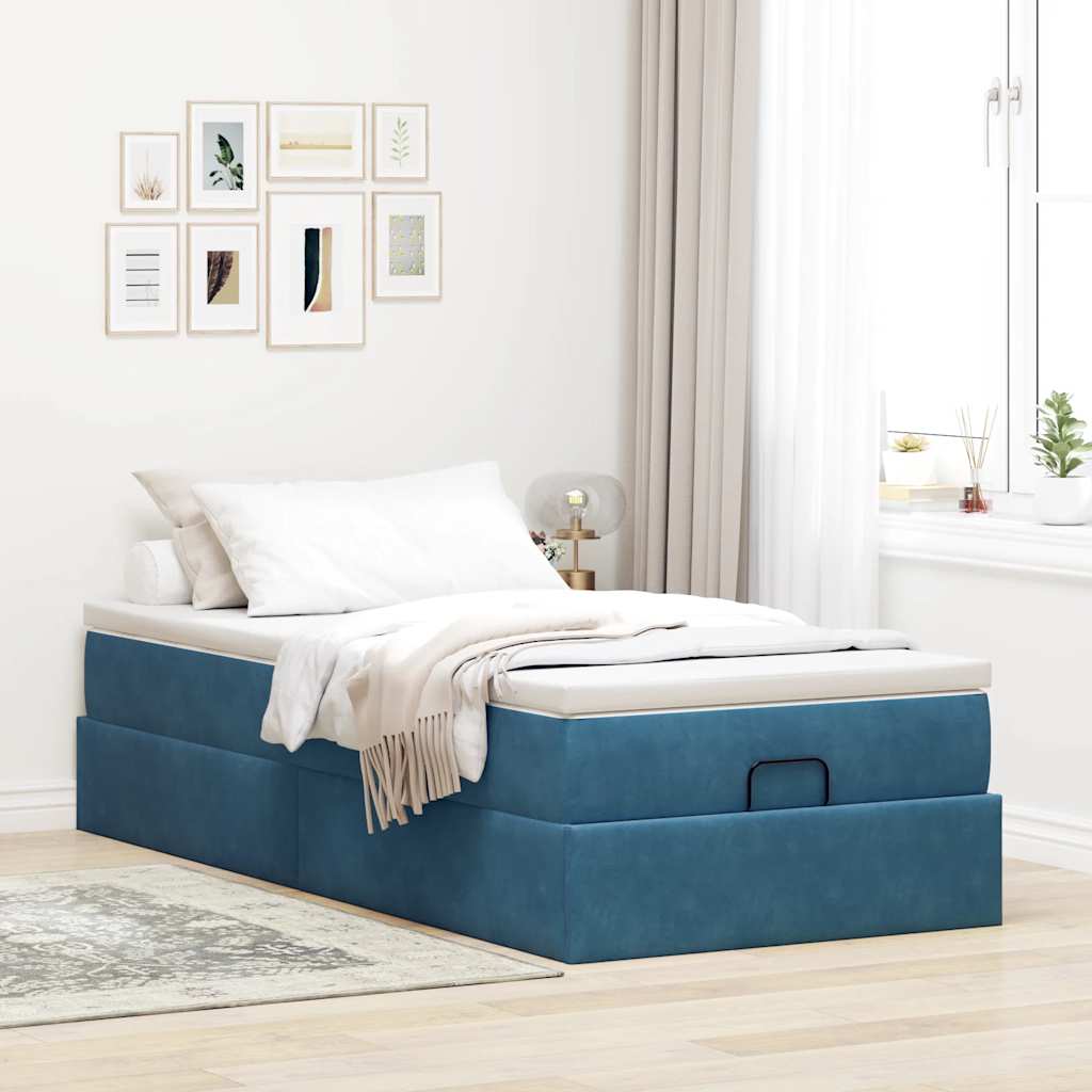 Ottoman bed with mattress dark blue 90x200 cm velvet