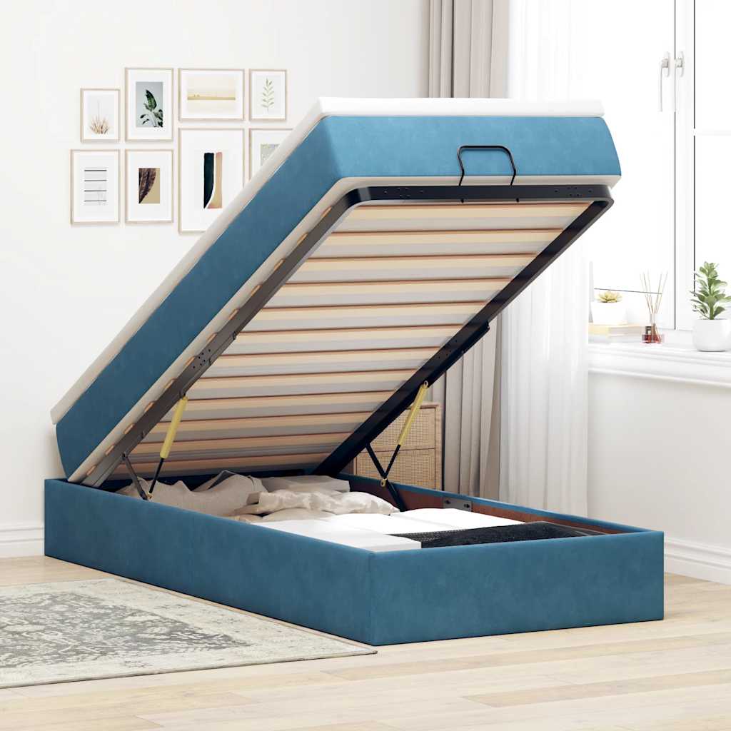 Ottoman bed with mattress dark blue 90x200 cm velvet