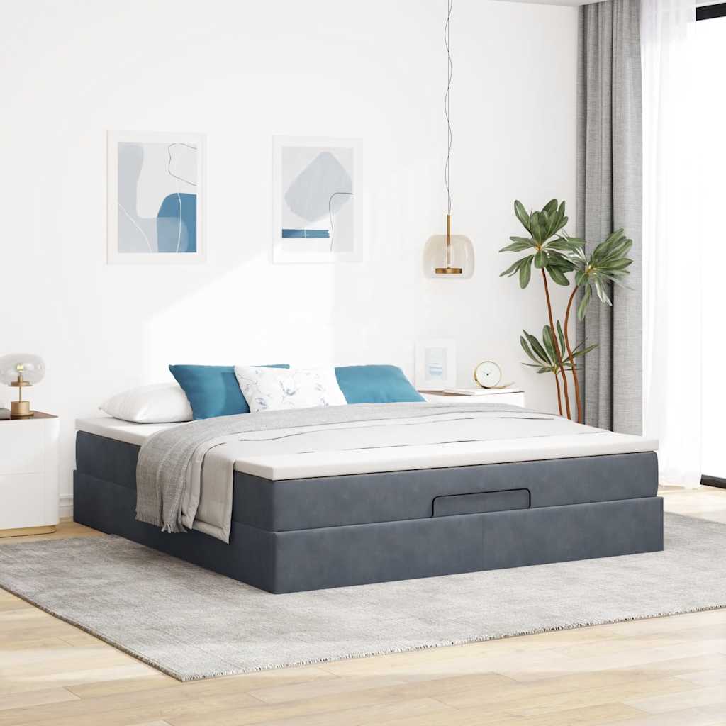Lit ottoman avec matelas en velours gris foncé 180x200 cm