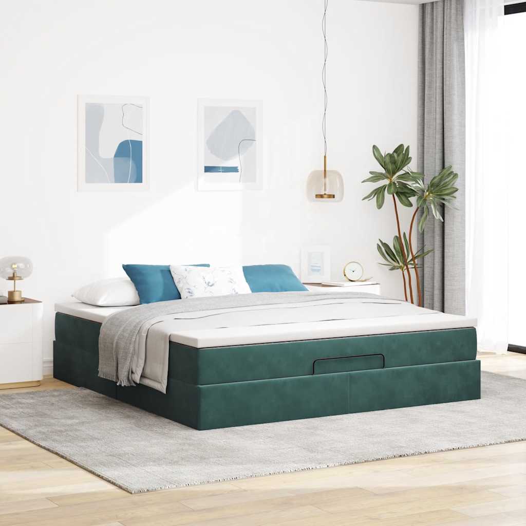 Lit ottoman avec matelas en velours vert foncé 180x200 cm
