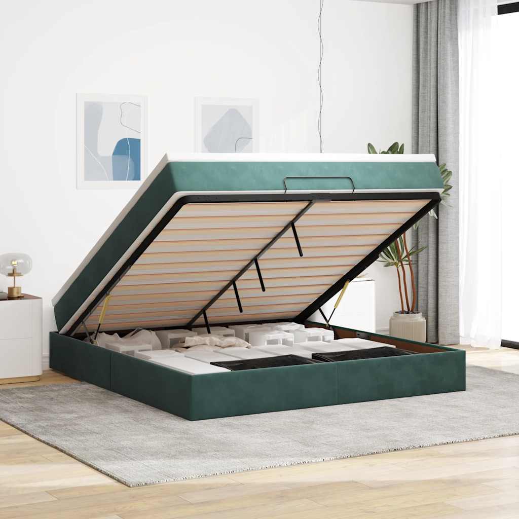Lit ottoman avec matelas en velours vert foncé 180x200 cm