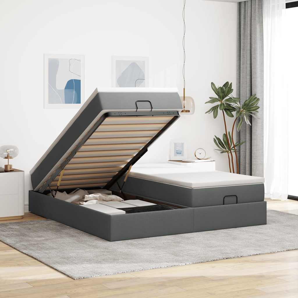 Lit ottoman avec matelas en tissu gris foncé 200x200 cm