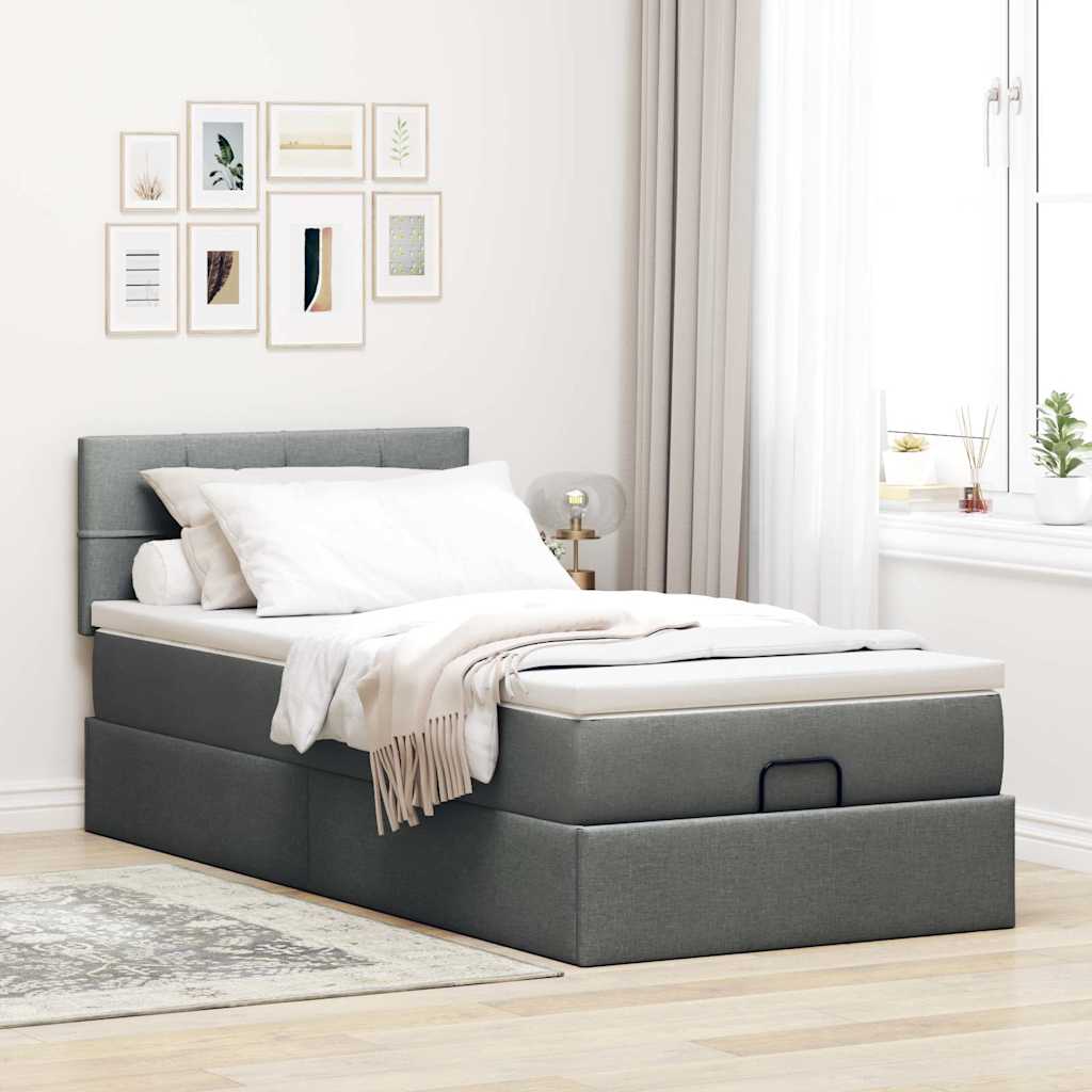 Lit ottoman avec matelas en tissu gris foncé 90x200 cm