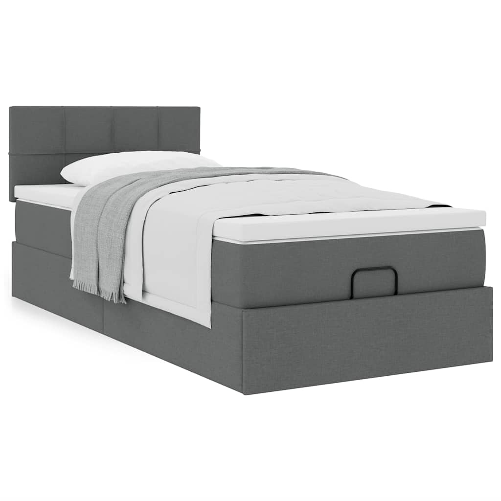 Lit ottoman avec matelas en tissu gris foncé 90x200 cm