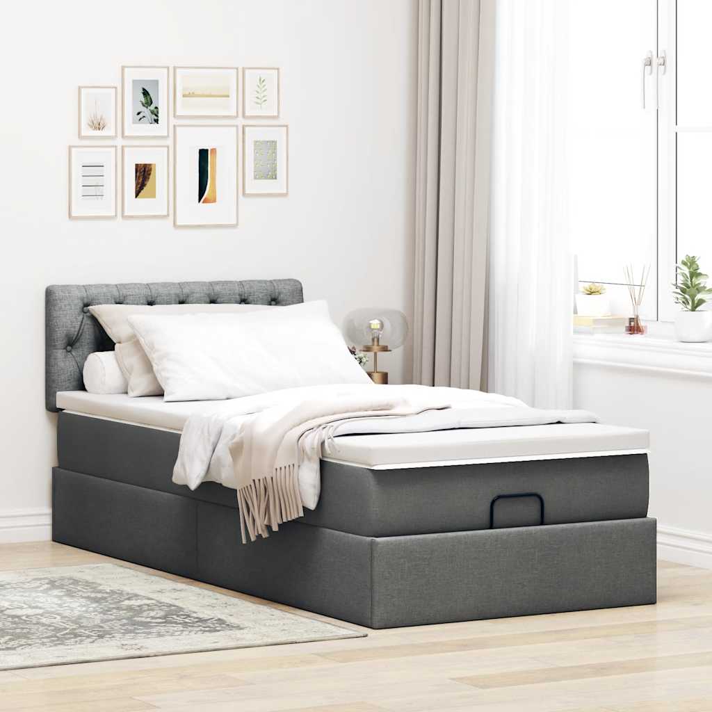 Lit ottoman avec matelas en tissu gris foncé 90x200 cm