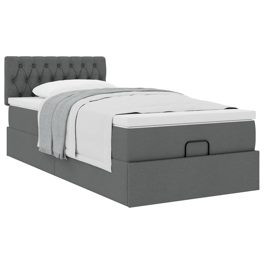 Lit ottoman avec matelas en tissu gris foncé 90x200 cm