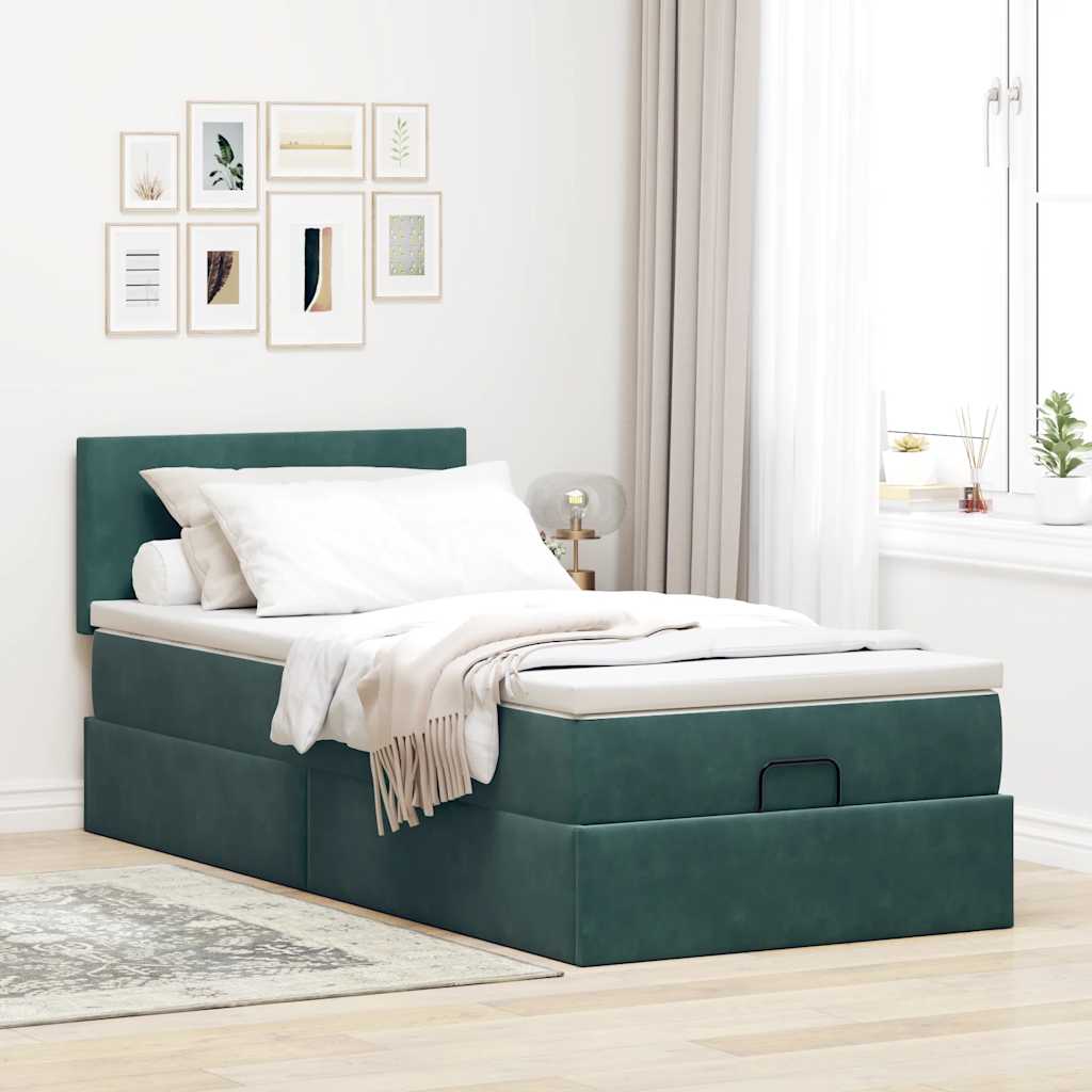 Ottoman bed with mattress dark green 90x200 cm velvet