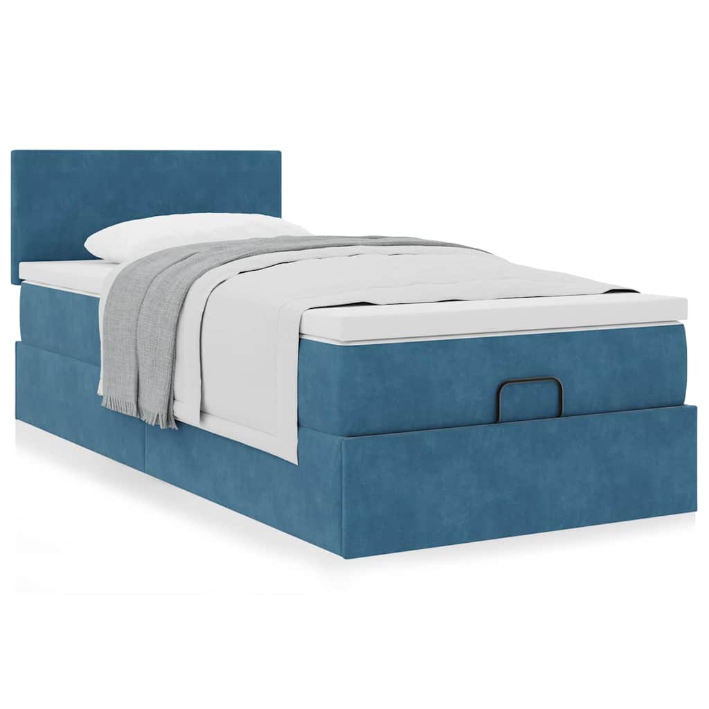 Ottoman bed with mattress dark blue 90x200 cm velvet