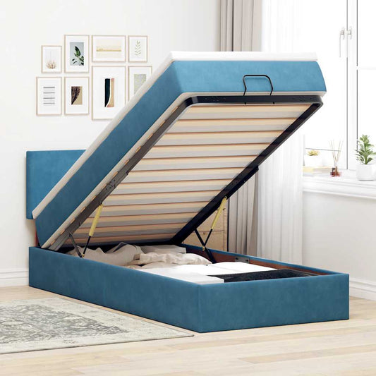 Ottoman bed with mattress dark blue 90x200 cm velvet