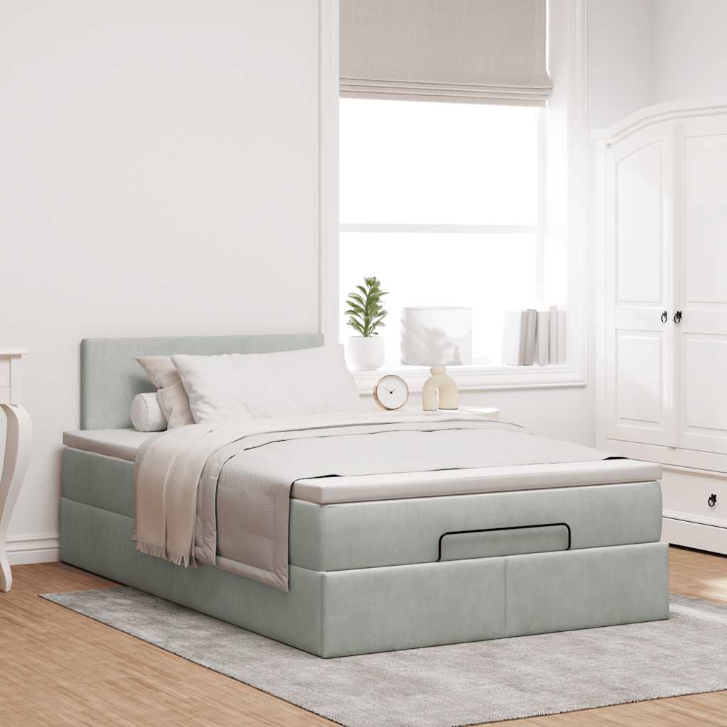 Ottoman bed with mattress light grey 120x200 cm velvet