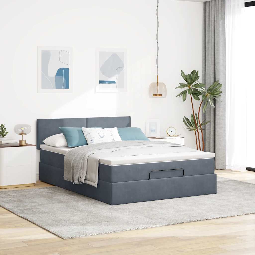 Lit ottoman avec matelas en velours gris foncé 140x200 cm