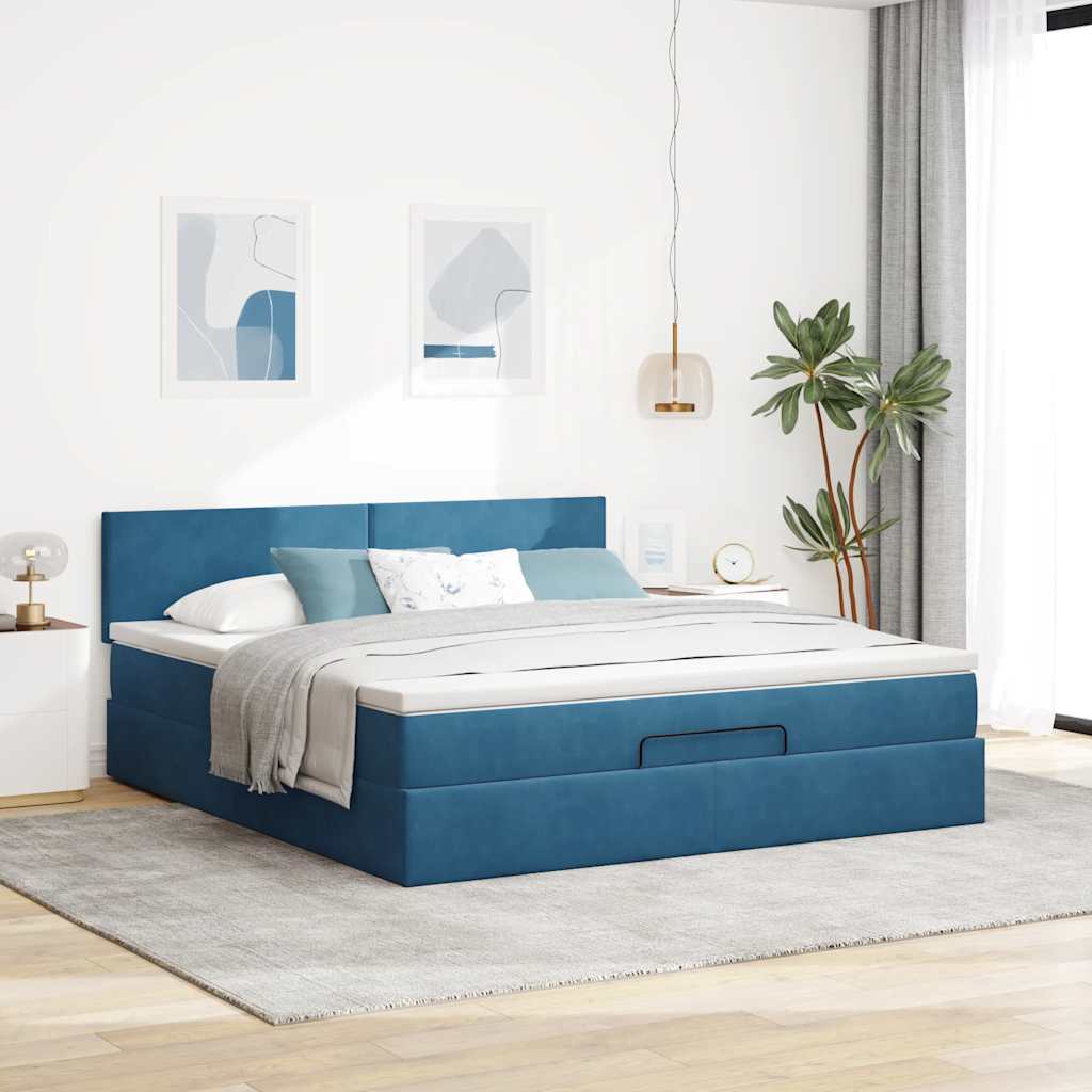 Ottoman bed with mattress dark blue 180x200 cm velvet