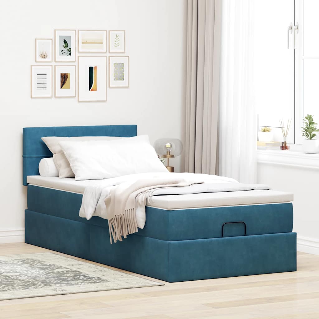 Ottoman bed with mattress dark blue 90x200 cm velvet