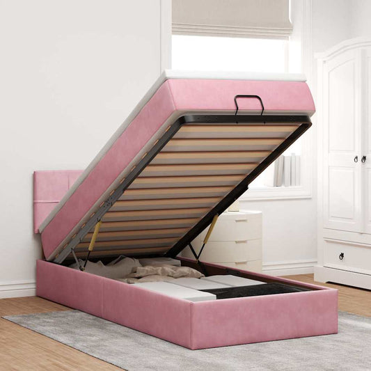 Lit ottoman avec matelas rose 90x200 cm velours