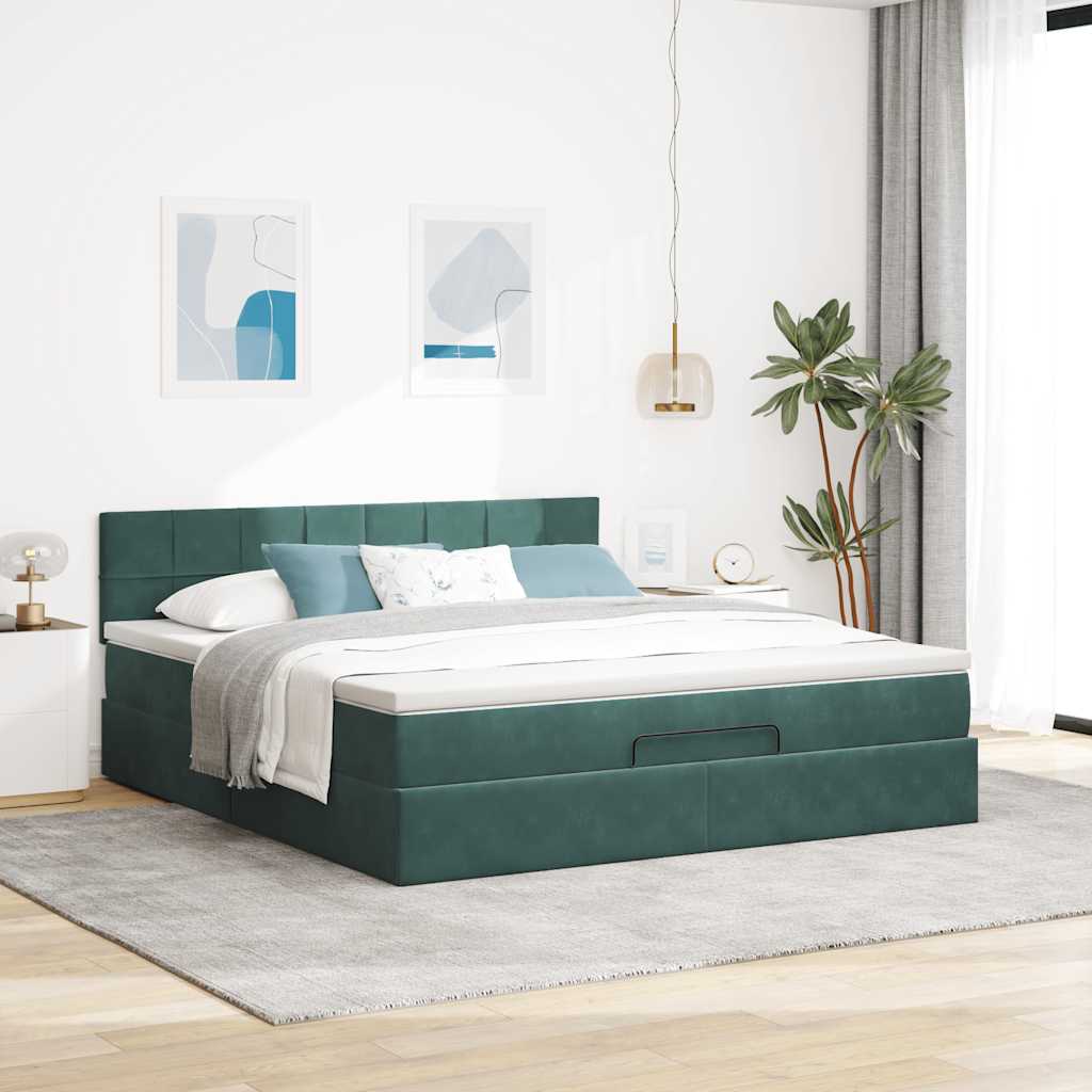 Lit ottoman avec matelas en velours vert foncé 180x200 cm