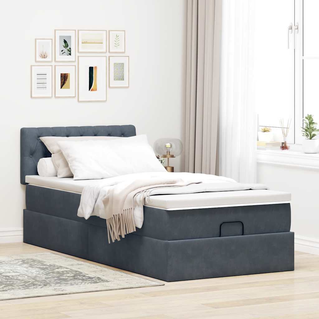 Lit ottoman avec matelas en velours gris foncé 80x200 cm
