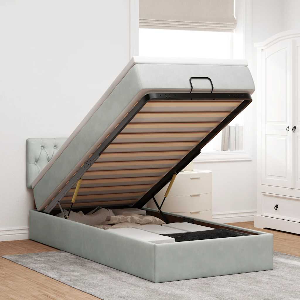 Ottoman-Bett mit Matratze Hellgrau 90x190 cm Samt