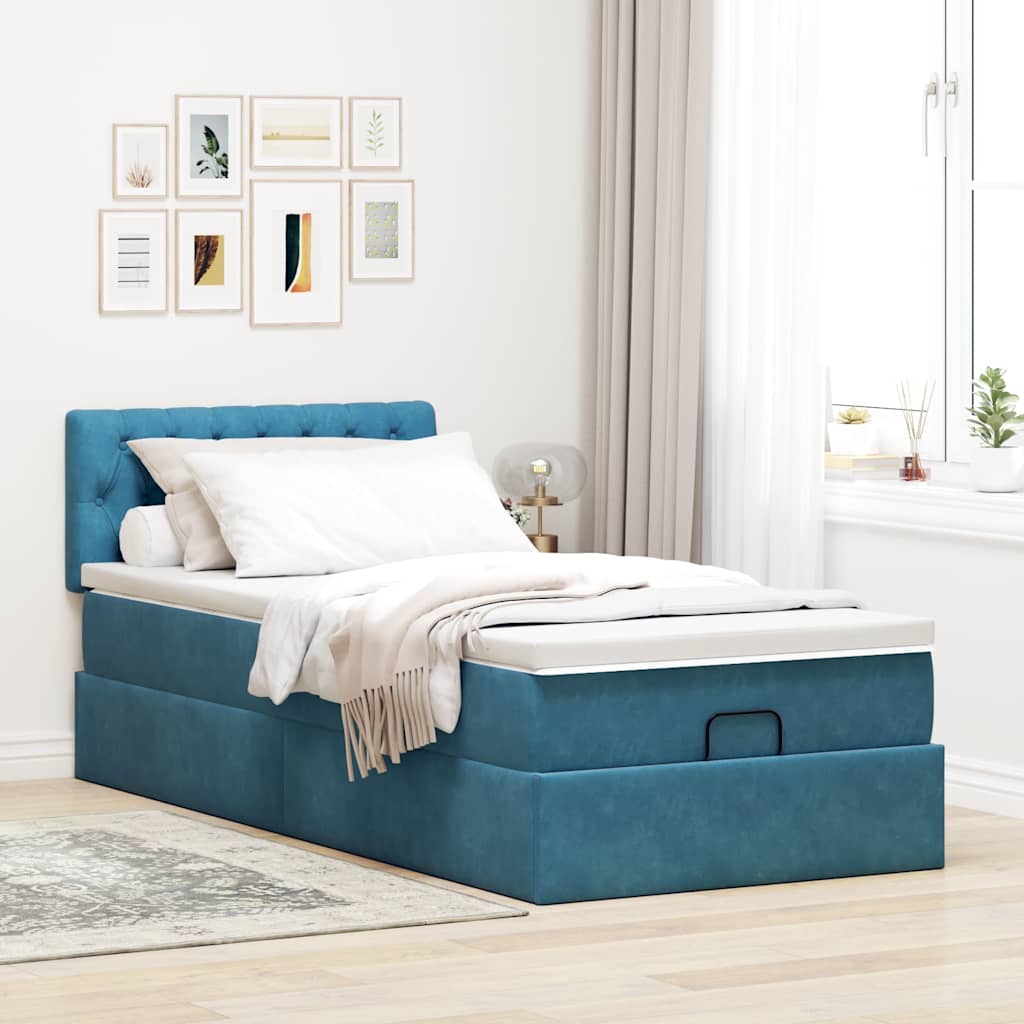Ottoman bed with mattress dark blue 90x200 cm velvet