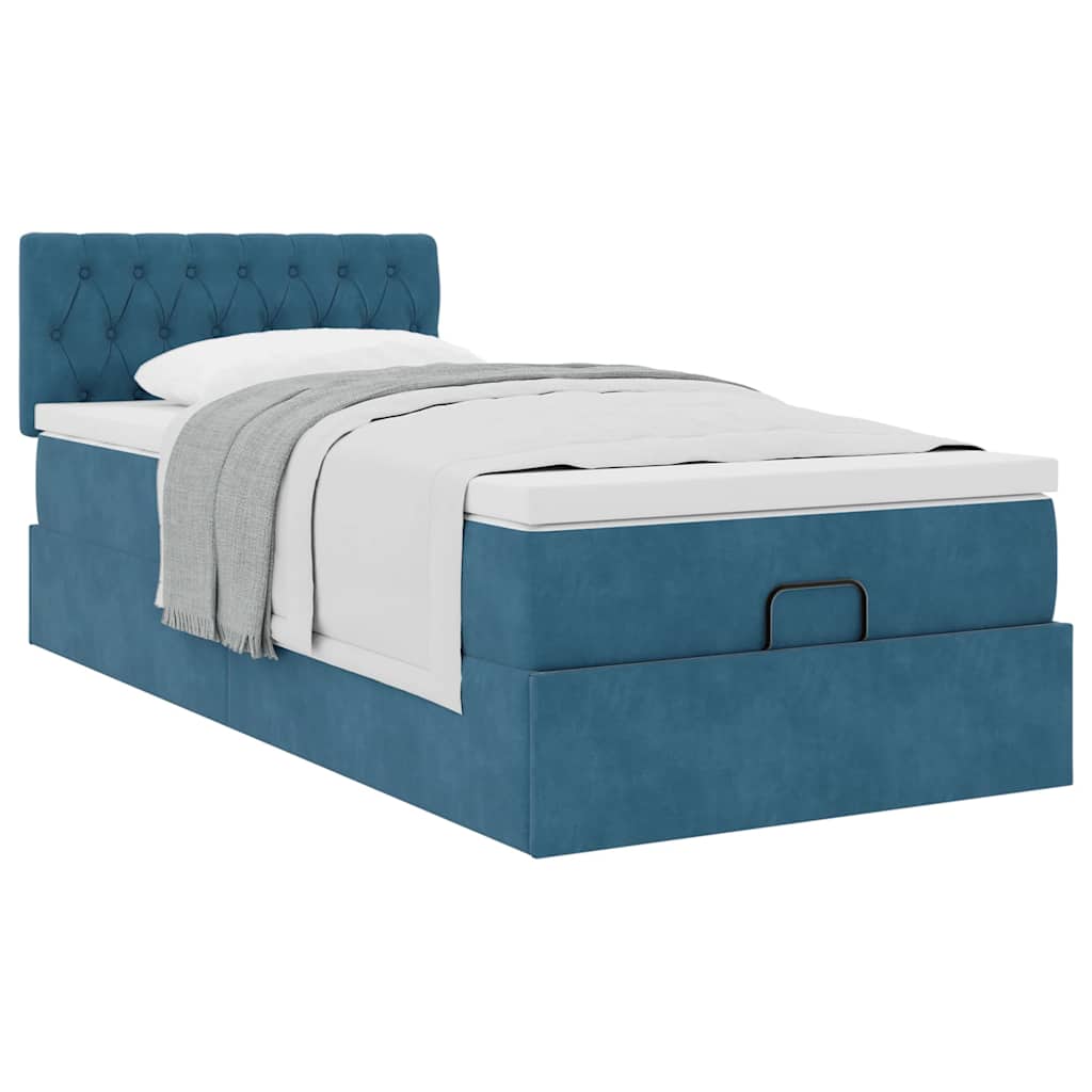 Ottoman bed with mattress dark blue 90x200 cm velvet