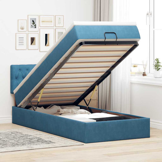 Ottoman bed with mattress dark blue 90x200 cm velvet