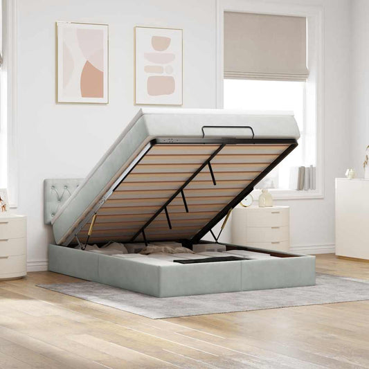 Lit ottoman avec matelas gris clair 140x200 cm velours
