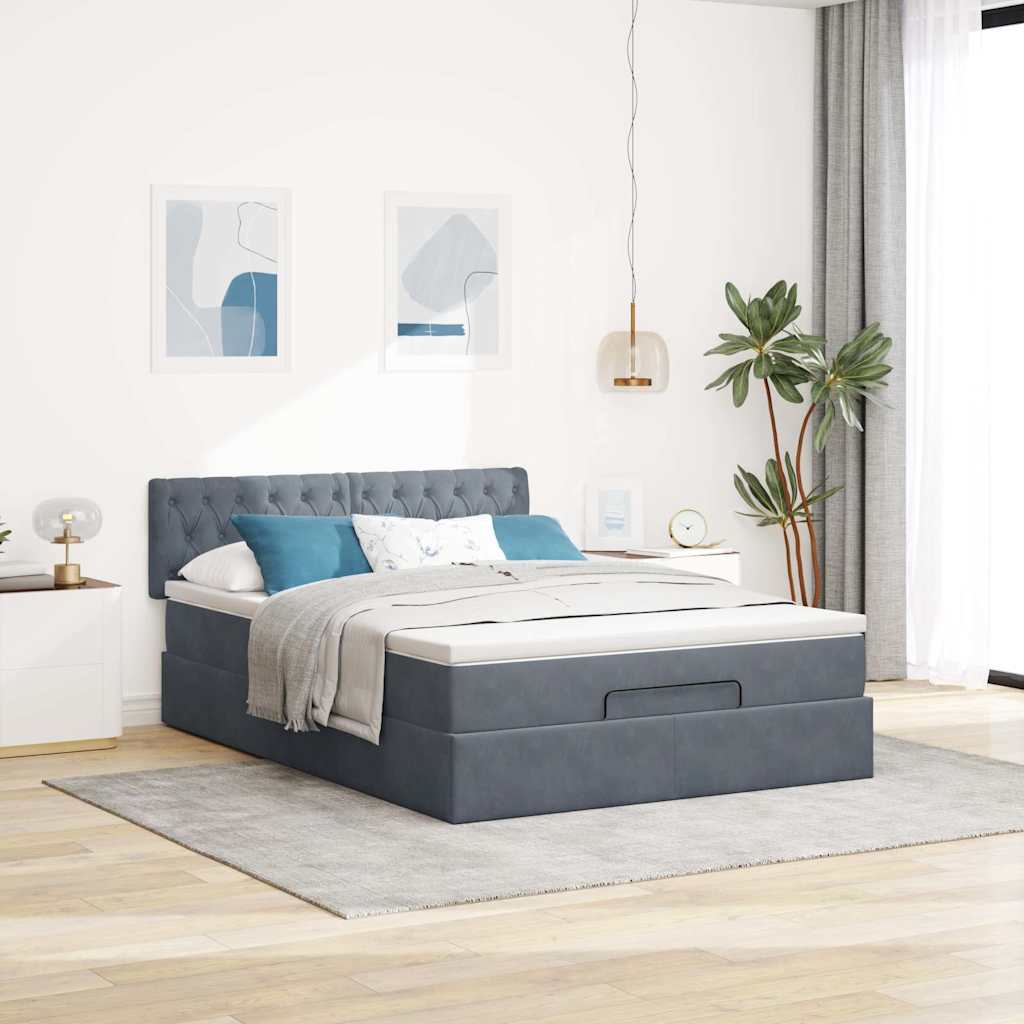 Lit ottoman avec matelas en velours gris foncé 140x200 cm